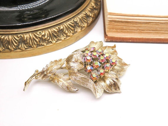 Vintage Coro Pegasus Gold AB Rhinestone Flower Br… - image 1