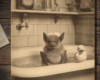 Bat Taking A Bubble Bath Victorian Cabinet Card Style Cute Brown Bat Gothic Funny Greeting Card 5x7