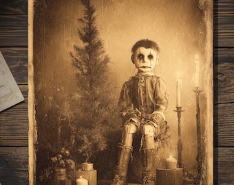 Vintage Victorian Creepy Marionette Boy Christmas Card Gothic Holiday Art Antique Style Photography Blank Inside