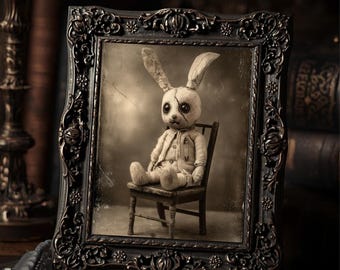 Vintage Gothic Creepy Bunny Doll Print Victorian Style Haunted Easter Rabbit  Wall Art