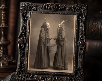 Vintage Victorian Horned Figures With Basket Gothic Wall Print Antique Style Art