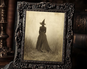 Witch In The Fog Gothic Halloween Wall Art Print  Sepia Vintage Witch Photograph Spooky Decor