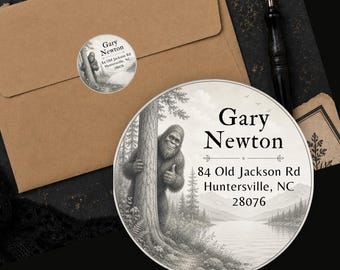 Personalized Bigfoot Return Address Labels Vintage Sasquatch Cryptid Woodland Custom Round Stickers
