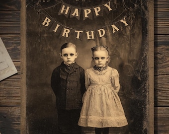 Vintage Victorian Creepy Children Happy Birthday Banner Card Gothic Macabre Art Antique Style Photography Blank Inside