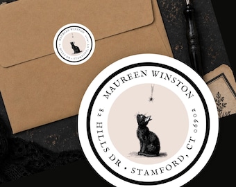 Personalized Gothic Black Cat Return Address Labels Custom Round Stickers