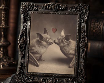 Gothic Bat Couple Kissing With Heart Dark Romantic  Art Print Sepia Vintage Macabre Cute Valentine Wall Decor