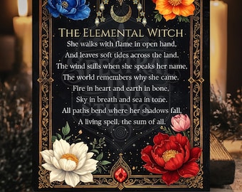 Elemental Witch Pagan Poem Blessing Print Wiccan Wall Art Altar Card Decor 8x10 4x5