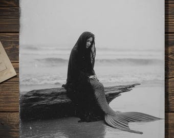 Vintage Victorian Mermaid Mourning Card Gothic Black and White Antique Style Photography Blank Inside
