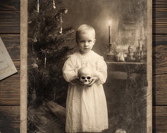 Vintage Victorian Child with Skull Christmas Card Gothic Holiday Art Antique Style Photography Blank Inside