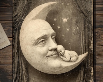 Vintage Victorian Crescent Moon And Sleeping Baby Dreamy Surreal Night Sky Gothic Art Card Antique Style Photography Blank Inside