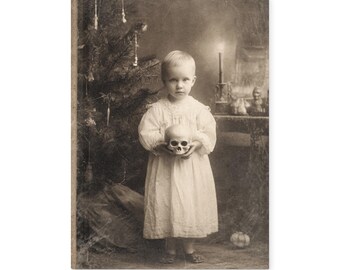 Vintage Victorian Child Holding Skull Christmas Gothic Notebook Dark Holiday Memento Mori Journal