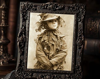 Creepy Vintage Scarecrow Wall Art Print  Gothic Halloween Rustic Spooky Antique Style Decor