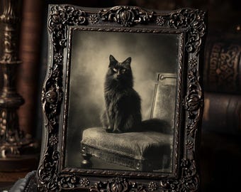 Vintage Victorian Black Cat Portrait Halloween Art Print Gothic Witchy Spooky Antique Style Wall Decor