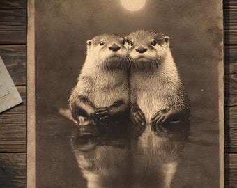 Vintage Victorian Otter Couple Valentines Day Card Gothic Animal Antique Style Photography Blank Inside