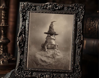 Vintage Gothic Witch Toad Halloween Art Print Victorian Style Photo