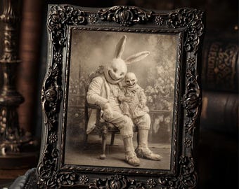 Macabre Vintage Victorian Bunny and Puppet Marionette Portrait Gothic Antique Style Wall Print