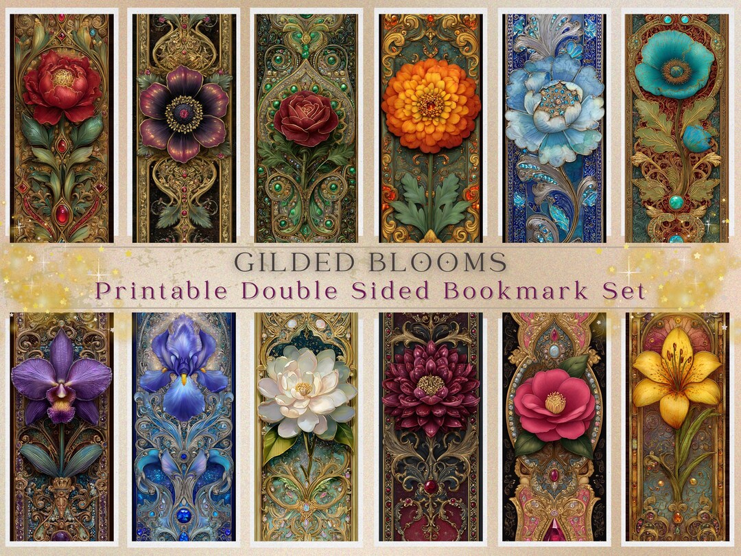 Gilded Blooms Art Nouveau Bookmark Set Floral Botanical Gothic ...