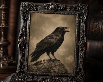 Vintage Victorian Raven Candy Corn Halloween Art Print Gothic Bird Antique Style Photography Spooky Wall Decor