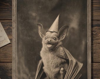 Vintage Victorian Bat Wearing Party Hat Birthday Card Gothic Macabre Art Antique Style Photography Blank Inside