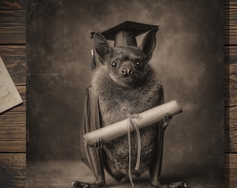 Vintage Victorian Graduation Bat Greeting Card Gothic Animal Humor Antique Style Photography Blank Inside