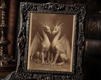Vintage Dragons Valentine Print Gothic Fantasy Art Antique Style Wall Decor