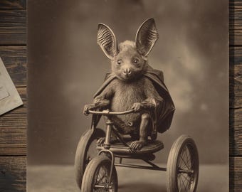 Victorian Bat Riding Tricycle Greeting Card Antique Style Sepia Gothic Bat Card