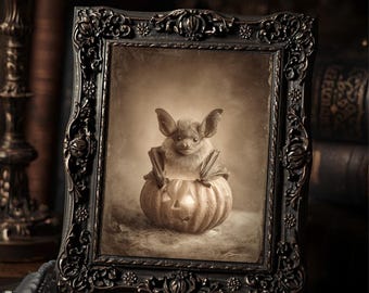 Vintage Victorian Pumpkin Bat Halloween Wall Print Gothic Antique Style Photography