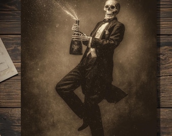 Vintage Victorian Dancing Skeleton Champagne Thank You Congratulations Card Gothic Macabre Art Antique Style Photography Blank Inside