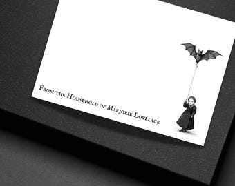 Personalized Gothic Girl with Bat Note Cards Custom Flat Stationery Set with Envelopes
