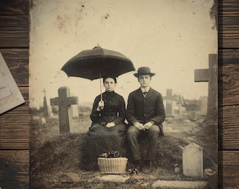 Vintage Victorian Cemetery Couple Gothic Love Card Antique Mourning Anniversary Cabinet Photo Blank Inside