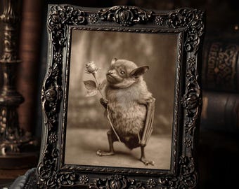 Gothic Bat With Rose Dark Cute Valentine  Art Print Sepia Vintage Macabre Romantic Wall Decor