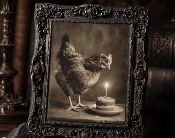 Vintage Gothic Chicken Birthday Art Print Hen With Cake Victorian Style Photo