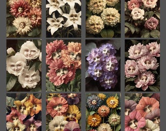 Vintage Flower Faces Notecard Set of 12 Blank Whimsical Botanical Greeting Card Stationery