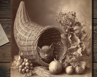 Vintage Gothic Thanksgiving Bat Card Victorian Style Harvest Cornucopia Blank Inside