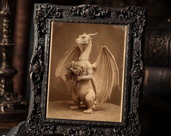 Vintage Dragon Holding Bouquet Valentine Print Gothic Fantasy Art Antique Style Wall Decor