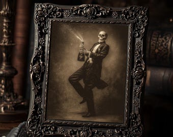 Victorian Skeleton Popping Champagne Gothic Dark Humor  Art Print Macabre Antique Style Wall Decor