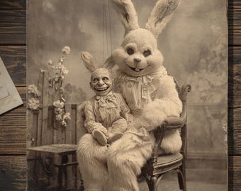 Vintage Victorian Creepy Easter Bunny Card Gothic Dark Puppet Art Antique Style Greeting Card Blank Inside