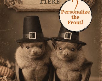 Personalized Vintage Victorian Thanksgiving Bat Card Custom Message Pilgrim Bats Funny Gothic Greeting