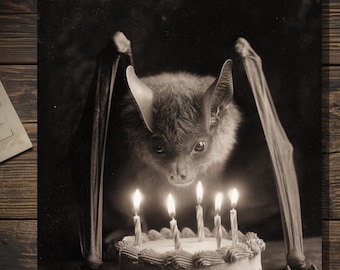 Vintage Victorian Bat with Birthday Cake Card Gothic Antique Style Photo Blank Inside