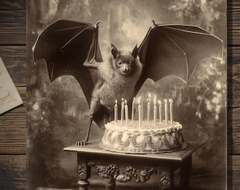 Vintage Victorian Bat with Birthday Cake Card Gothic Antique Style Photo Blank Inside