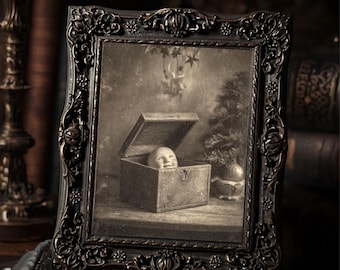 Creepy Doll Head in Christmas Box  Art Print Gothic Vintage Spooky Holiday Wall Art Sepia Photography