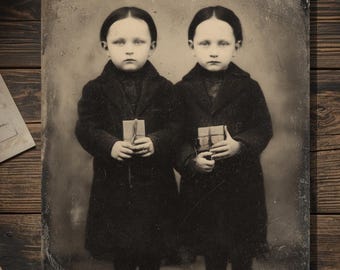 Vintage Victorian Creepy Twin Girls with Gifts Birthday Card Gothic Macabre Art Antique Style Photography Blank Inside