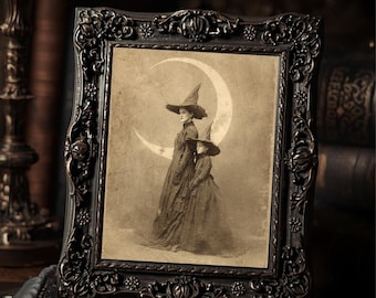 Vintage Victorian Witch Mother and Child Print Gothic Moon Wall Art Antique Style Photography Dark Whimsical Decor