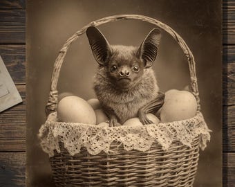Vintage Victorian Bat in Easter Egg Basket Card Gothic Antique Style Portrait Blank Inside