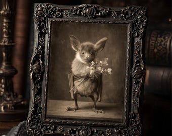 Vintage Victorian Bat Holding Wildflowers Gothic Cute Animal Antique Style Photo  Print