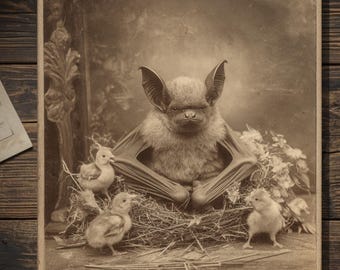 Vintage Victorian Bat Babysitting Chicks Easter Card Gothic Antique Style Portrait Blank Inside