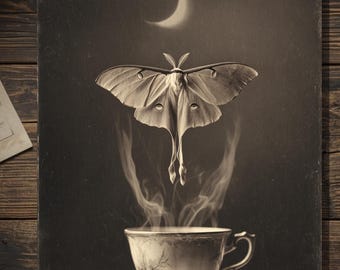 Vintage Victorian Lunar Moth Tea Card Gothic Moon Magic Celestial Witchcraft Art Antique Style Photography Blank Inside
