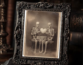Gothic Skeleton Couple With Heart Dark Romantic  Art Print Sepia Vintage Macabre Oddities Wall Decor
