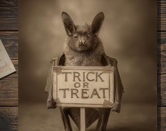 Vintage Victorian Trick or Treat Bat Halloween Card Gothic Antique Style Photography Blank Inside