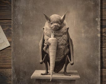 Vintage Gothic Easter Bat Greeting Card Victorian Style Dark Bunny With Carrot Art Blank Inside